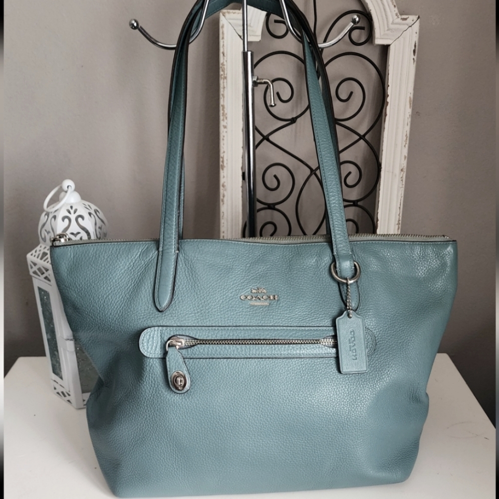 Coach Taylor Light TEAL blue Leather Tote Bag